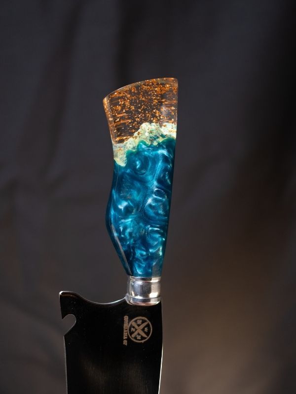Faca Picanheira Brilha no Escuro - Cabo Transparente c/Dourado e Azul Celeste