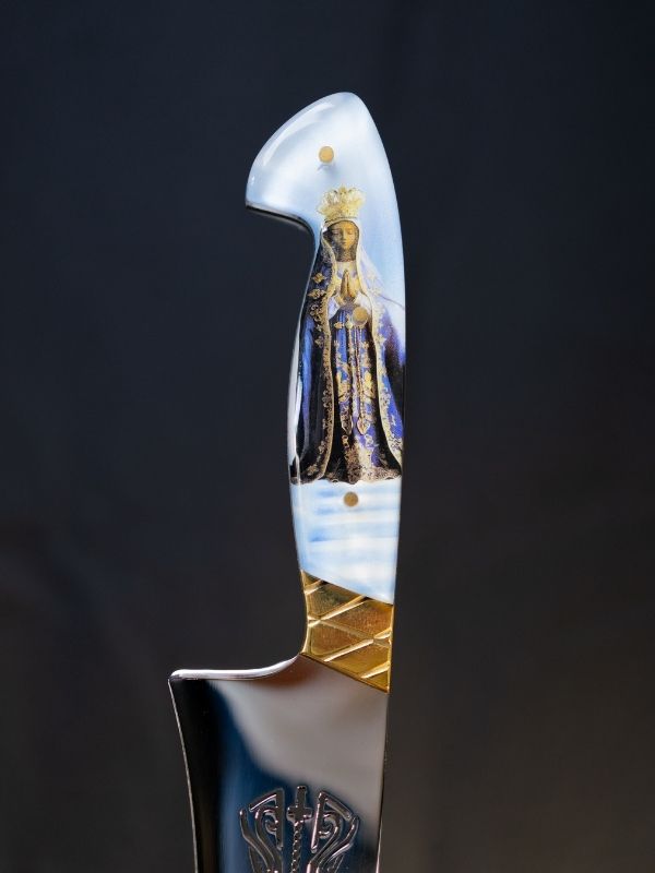 Faca Picanheira Nossa Senhora - Lâmina Personalizada Cabo Branco e Azul c/Imagem Nossa Senhora