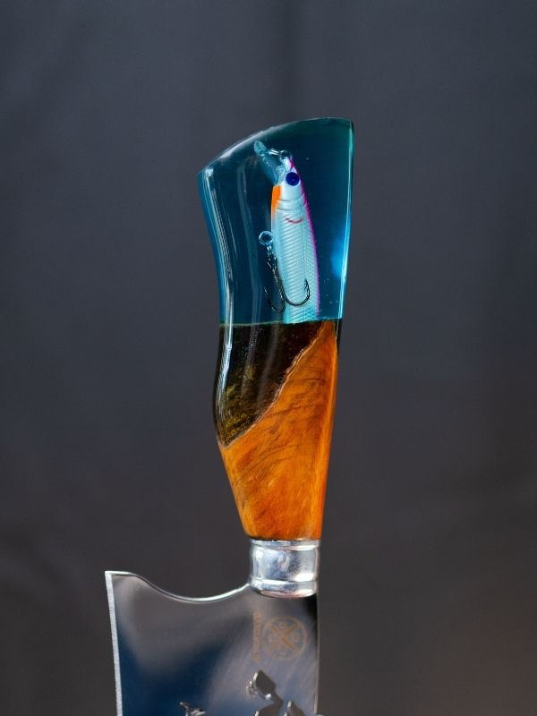 Faca Picanheira Pescaria - Lâmina Personalizada Cabo Madeira e Transparente Azul c/Peixe