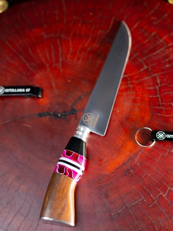 Faca Picanheira Slim 7 Polegadas - Cabo Madeira, Preto e Rosa c/Listras Brancas