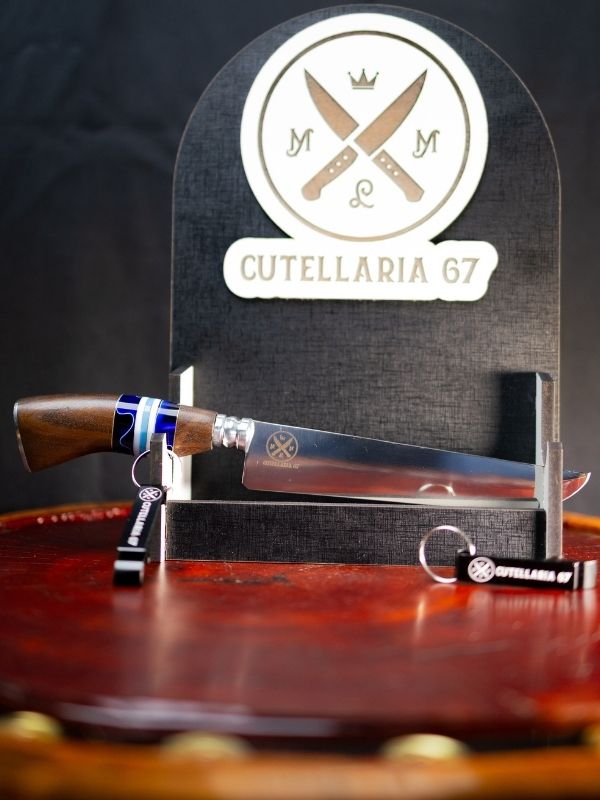 Faca Picanheira Slim 7 Polegadas - Cabo Madeira, Azul c/Listras Brancas e Detalhes Azul Marinho