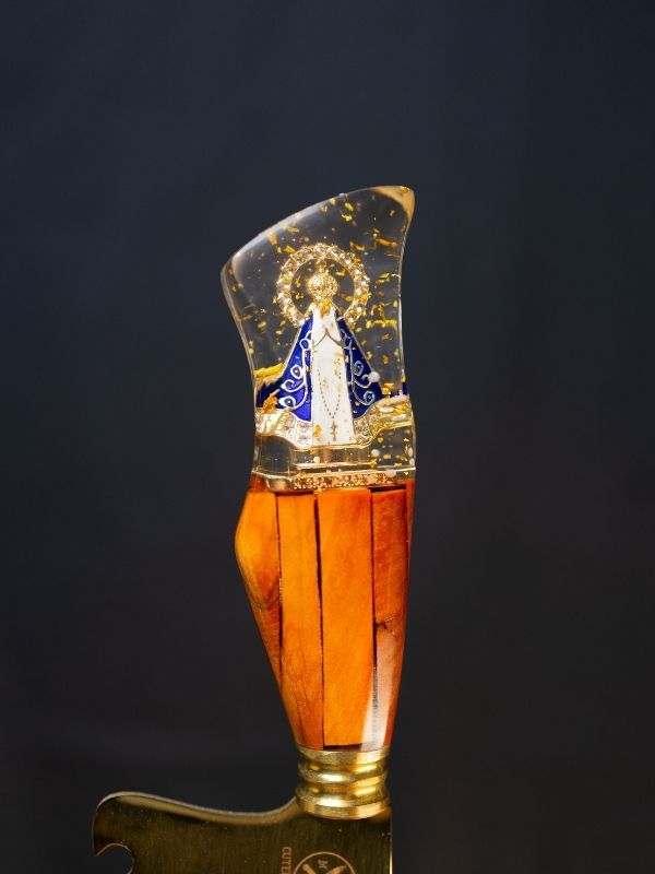 Faca Picanheira Nossa Senhora - Cabo Transparente Dourado c/Miniatura