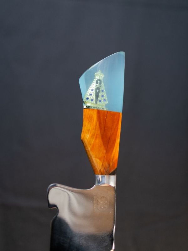 Faca Picanheira Nossa Senhora - Cabo Madeira e Transparente Azul c/Miniatura
