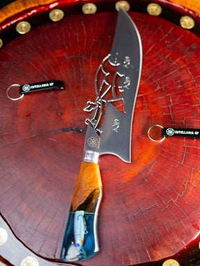 Faca Picanheira Pescaria - Lâmina Personalizada Cabo Madeira e Transparente Azul c/Peixe