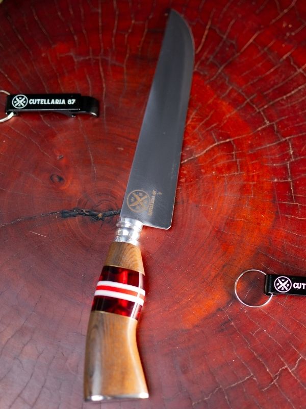 Faca Picanheira Slim 7 Polegadas - Cabo Madeira, Vermelho c/Listras Brancas
