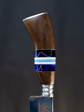 Faca Picanheira Slim 7 Polegadas - Cabo Madeira, Azul c/Listras Brancas e Detalhes Azul Marinho