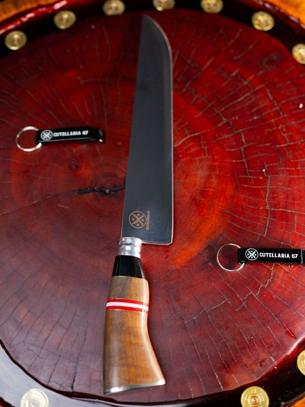 Faca Picanheira Slim 10 Polegadas - Cabo Madeira, Preto e Vermelho c/Listra Branca