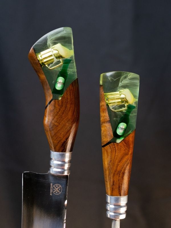 Kit Churrasco Cabo Resinado - Cabo Madeira e Personalização Heineken