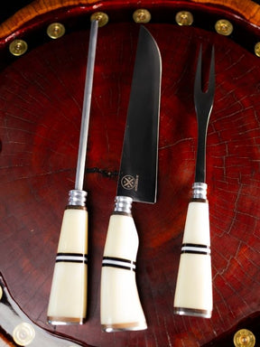 Kit Churrasco Cabo Resinado - Cabo Osso Branco c/Listras Pretas